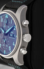 Close-up view of the screw-in crown and chronograph pushers on a titanium IWC Pilot's Watch