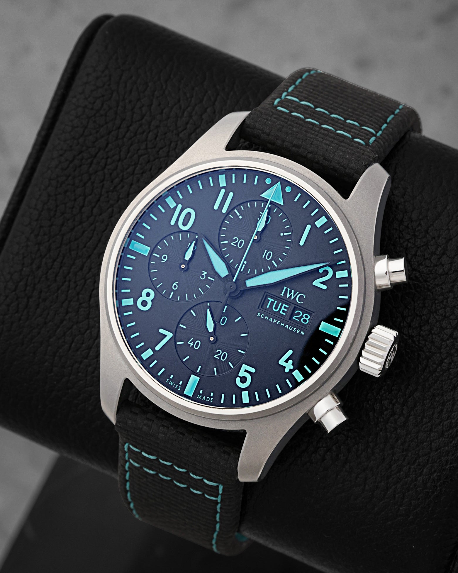 Angled front view of IWC Pilot's Chronograph 41 Titanium with Petronas Green luminous hands and numerals