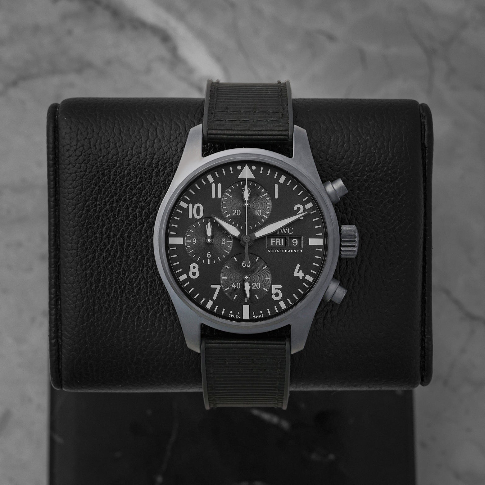 Front view of a pre-owned 2022 IWC Pilot's Watch Chronograph 41 TOP GUN Ceratanium ref IW388106 with a matte black dial and case, available at Noahs Fine Watches and Jewelry Dallas