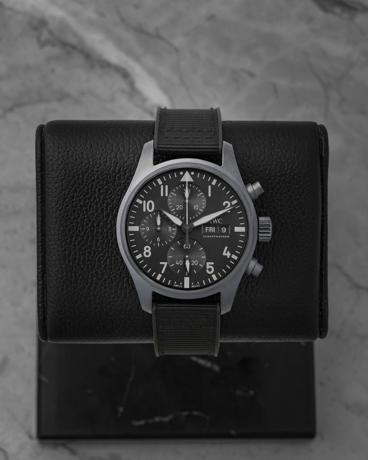 Front view of a pre-owned 2022 IWC Pilot's Watch Chronograph 41 TOP GUN Ceratanium ref IW388106 with a matte black dial and case, available at Noahs Fine Watches and Jewelry Dallas