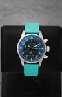IWC Pilot's Watch Chronograph 41 Mercedes-AMG PETRONAS F1 Team IW388108 titanium watch with a signature green rubber strap on a display stand