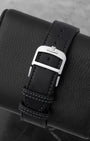 Black calfskin leather Casa Fagliano strap and stainless steel double folding deployment buckle on a Jaeger-LeCoultre watch