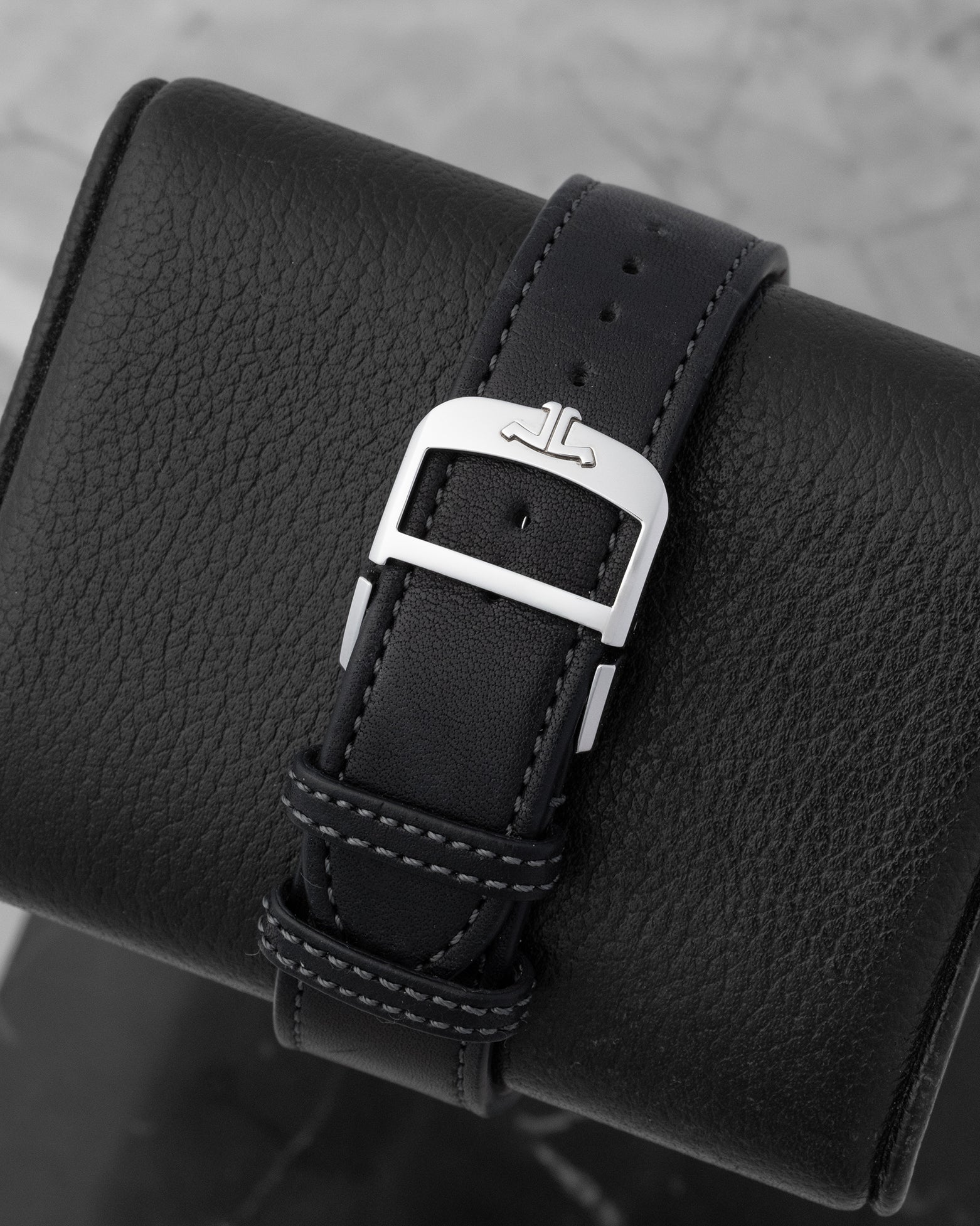 Black calfskin leather Casa Fagliano strap and stainless steel double folding deployment buckle on a Jaeger-LeCoultre watch