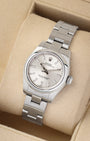 e-commerce portrait of the 26mm stainless steel watch case showcasing the satin-brushed finish of its solid Oystersteel links on a beige display cushion