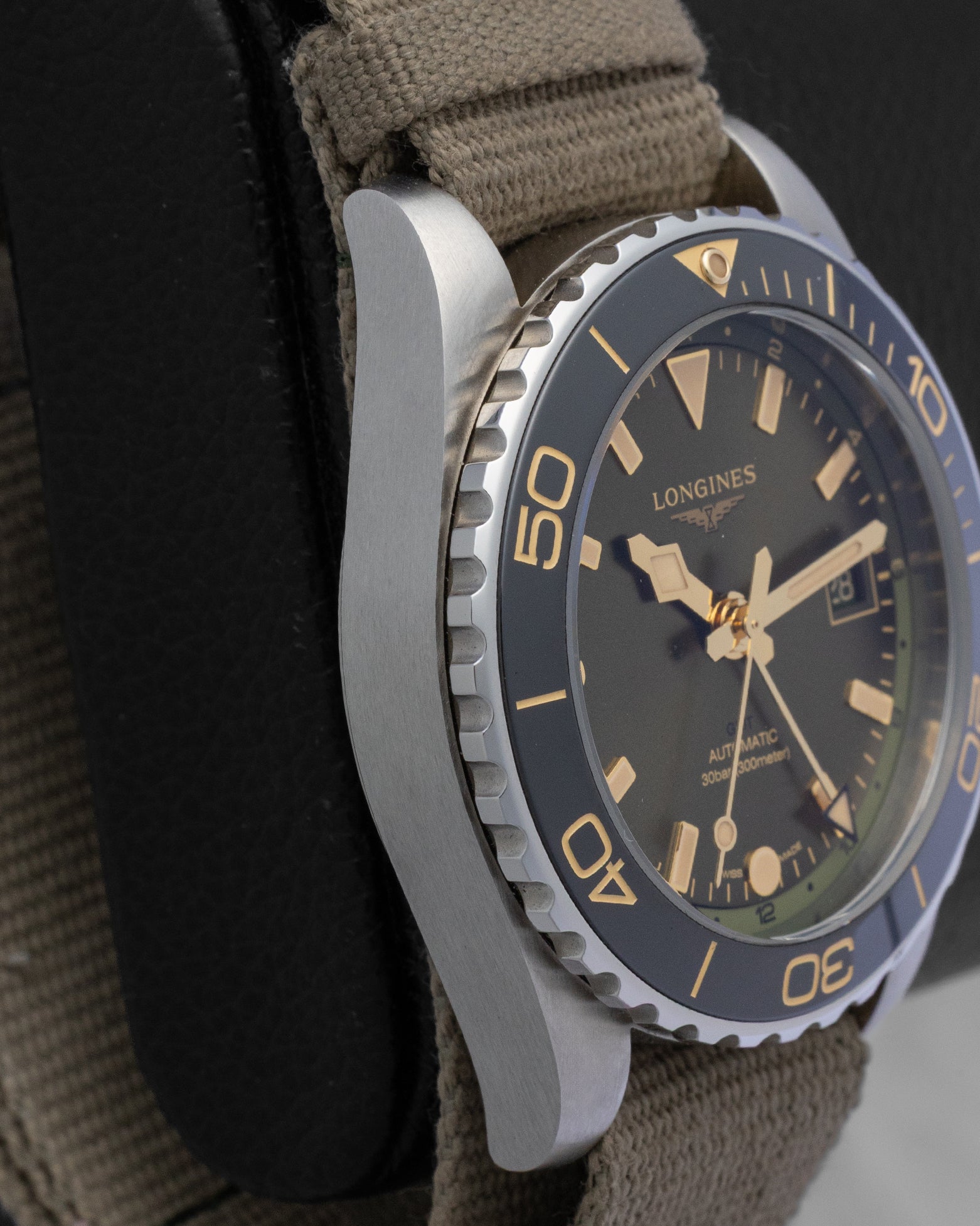 Left side profile showcasing the brushed stainless steel case finish of the 41mm Longines HydroConquest GMT