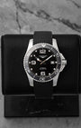 Preowned 2025 Longines HydroConquest 41mm reference L3.781.4.56.9 with black sunray dial and black ceramic bezel at Noah's Fine Watches & Jewelry in Dallas, Texas