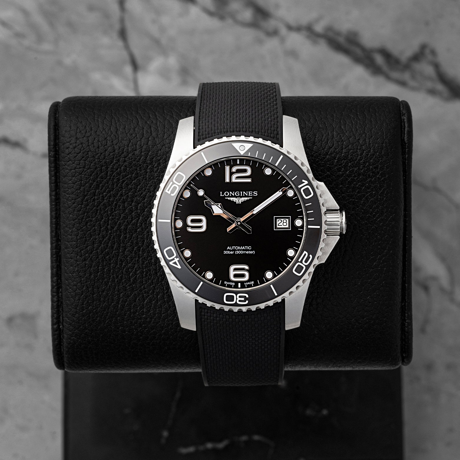 Preowned 2025 Longines HydroConquest 41mm reference L3.781.4.56.9 with black sunray dial and black ceramic bezel at Noah's Fine Watches & Jewelry in Dallas, Texas