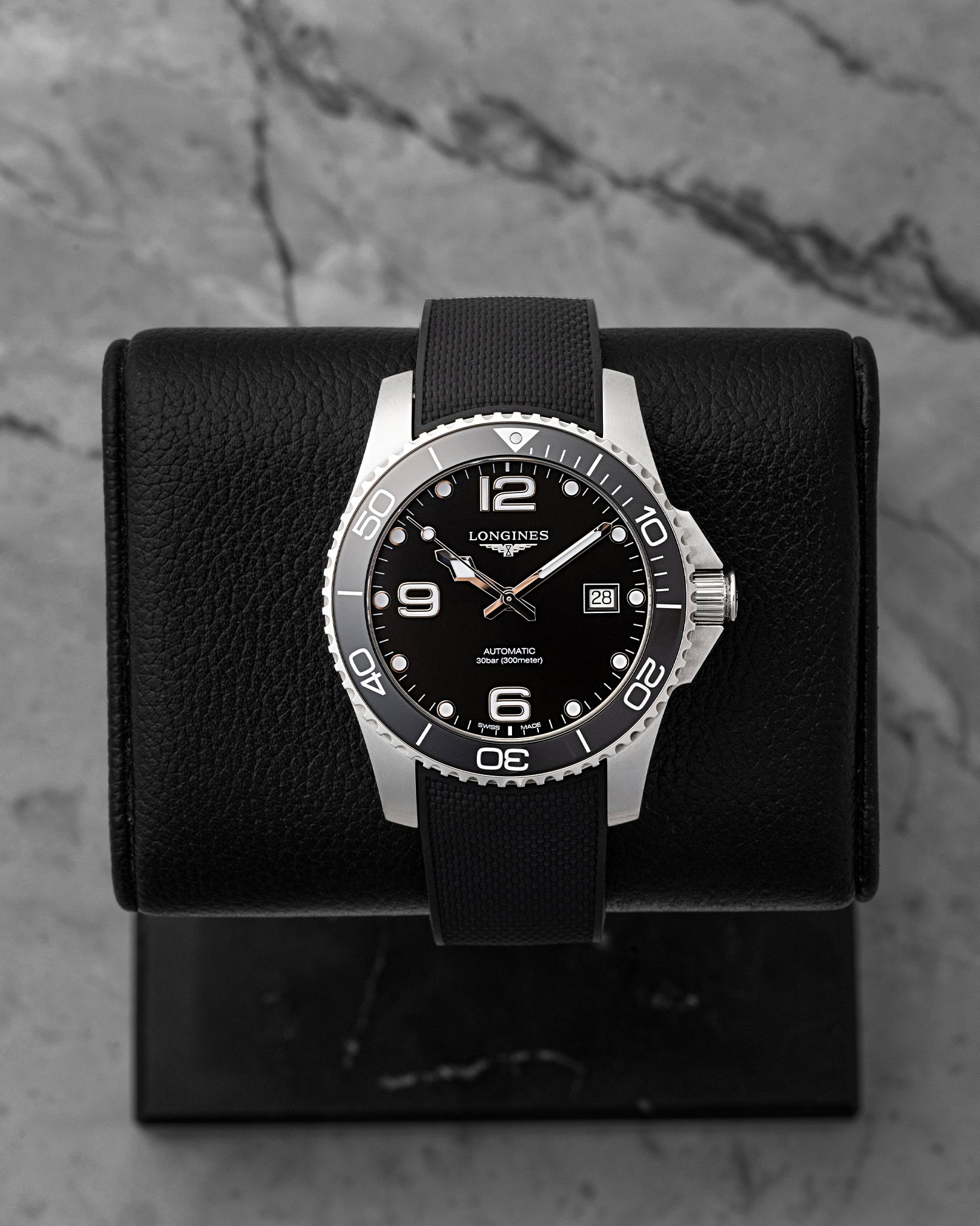 Preowned 2025 Longines HydroConquest 41mm reference L3.781.4.56.9 with black sunray dial and black ceramic bezel at Noah's Fine Watches & Jewelry in Dallas, Texas