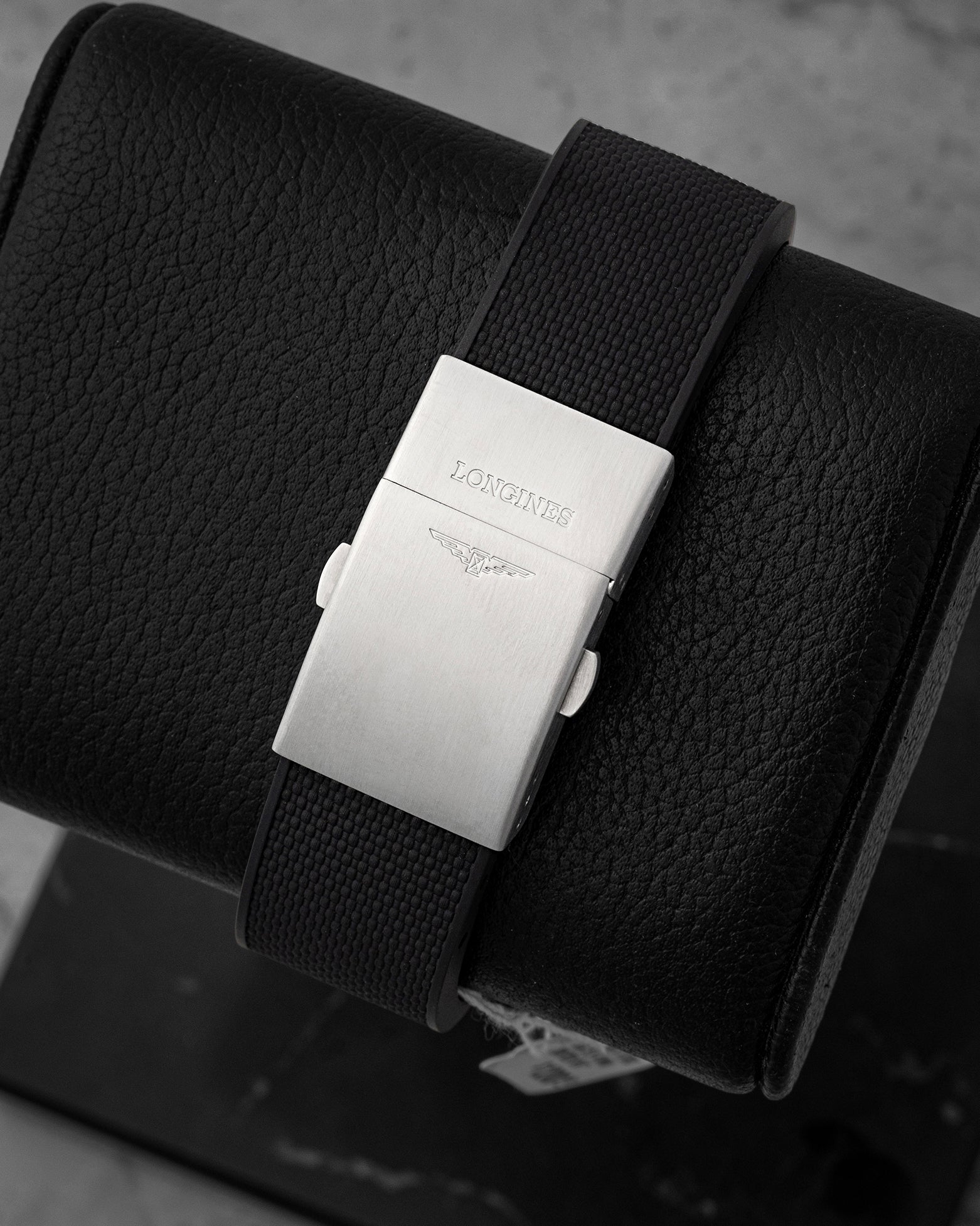 Black textured rubber strap with double safety folding clasp and integrated diving extension for Longines HydroConquest L3.781.4.56.9