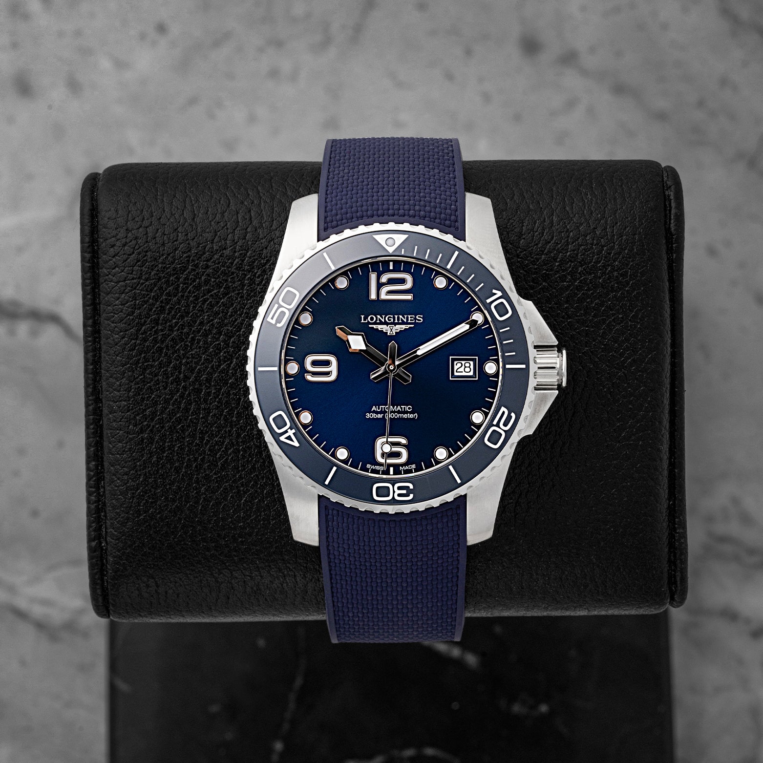 Preowned 2025 Longines HydroConquest 41mm reference L3.781.4.96.9 with blue sunray dial and blue ceramic bezel at Noah's Fine Watches & Jewelry in Dallas, Texas