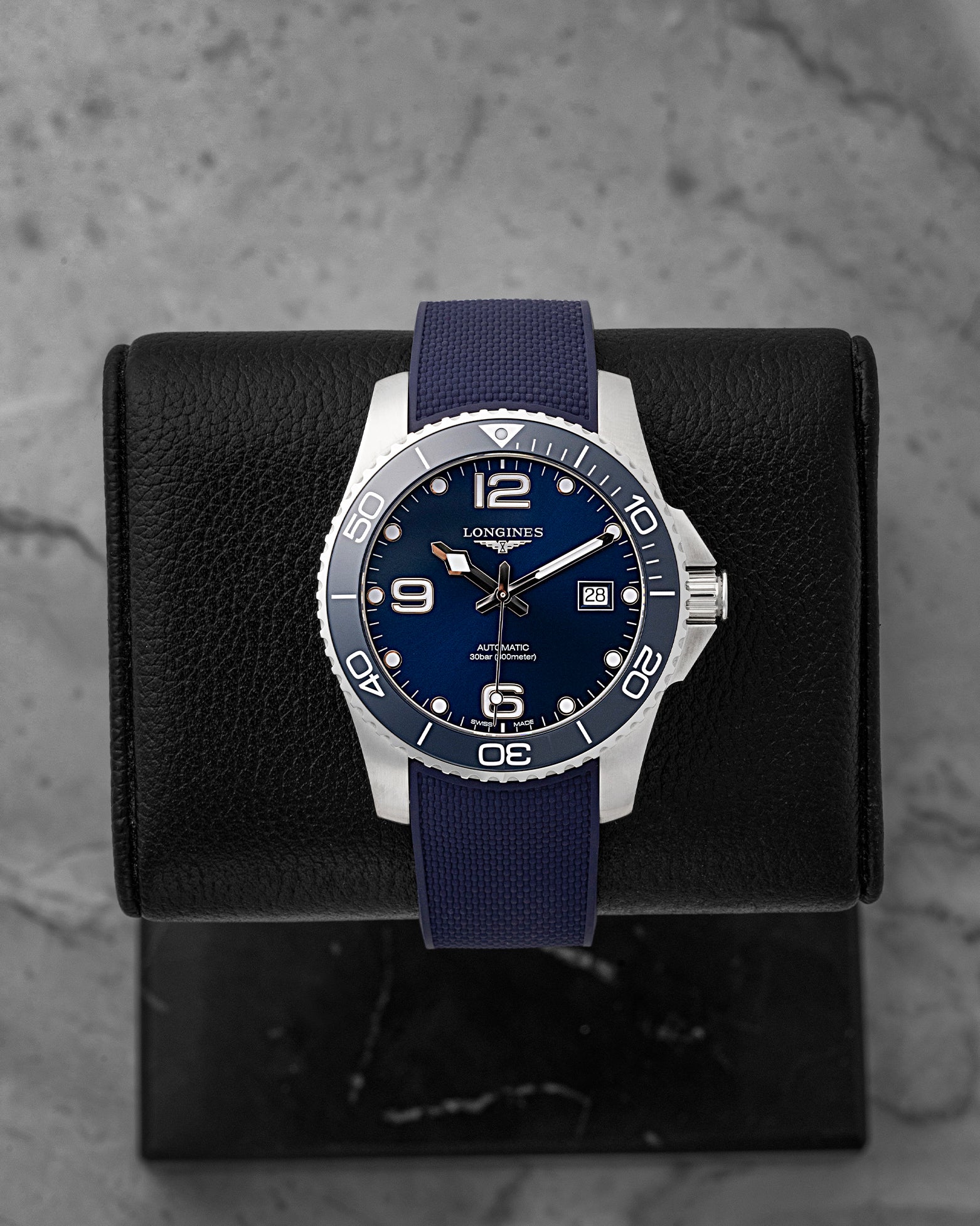 Preowned 2025 Longines HydroConquest 41mm reference L3.781.4.96.9 with blue sunray dial and blue ceramic bezel at Noah's Fine Watches & Jewelry in Dallas, Texas