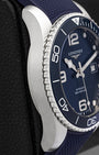 Polished and satin-brushed 41mm stainless steel case side profile of pre owned blue Longines HydroConquest diver watch reference L3.781.4.96.9