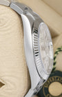 left side case profile of a 41mm Rolex Datejust showcasing the high-mirror finish of the corrosion-resistant 904L Oystersteel