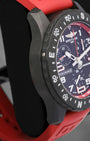 Left side perspective view highlighting the matte black finish of the case and the bidirectional rotating bezel engraved with compass points