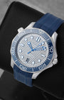 Front angled view of an Omega Seamaster Diver 300M 42mm automatic grey dial professional dive watch in Dallas