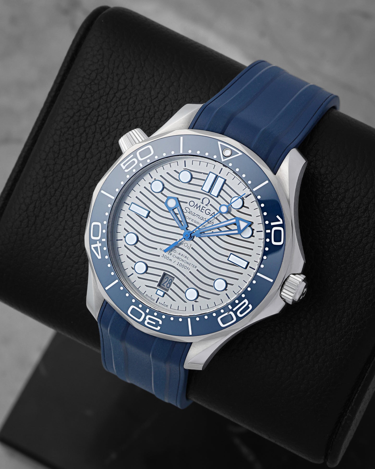 Front angled view of an Omega Seamaster Diver 300M 42mm automatic grey dial professional dive watch in Dallas