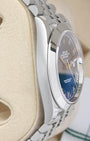 Side profile view of the polished 904L stainless steel Oyster case on the non-crown side of a Rolex Datejust 126300