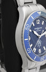 Left-side macro profile view showcasing the premium satin-brushed case wall and the polished bevel line extending down the ergonomic tapering lugs