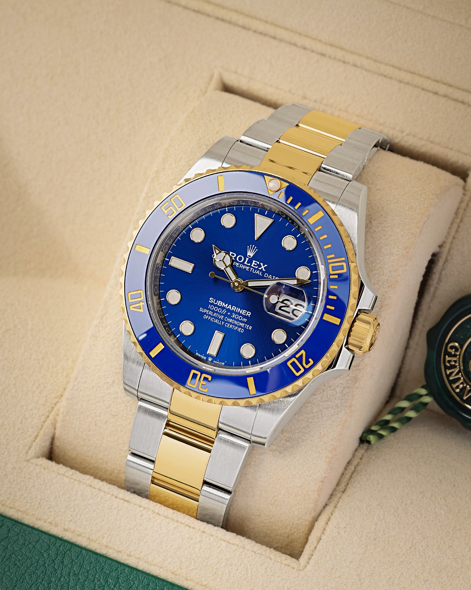 2024 Rolex Submariner Date "Bluesy" 41mm watch in two-tone yellow Rolesor, model 126613LB, in its box at Noah's Fine Watches & Jewelry in Dallas