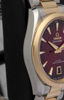 Left-side macro profile view showcasing the premium satin-brushed stainless steel case flank contrasted against the high-polished gold bezel and twisted lugs