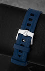 Integrated blue rubber strap with stainless steel pin buckle on Omega Seamaster Diver 300M 210.32.42.20.06.001