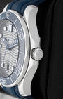 Side profile view of 42mm stainless steel case and conical helium escape valve on Omega Seamaster Diver 300M