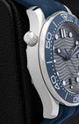 Stainless steel case profile showing blue ceramic bezel edge and Omega logo screw-down crown on reference 210.32.42.20.06.001