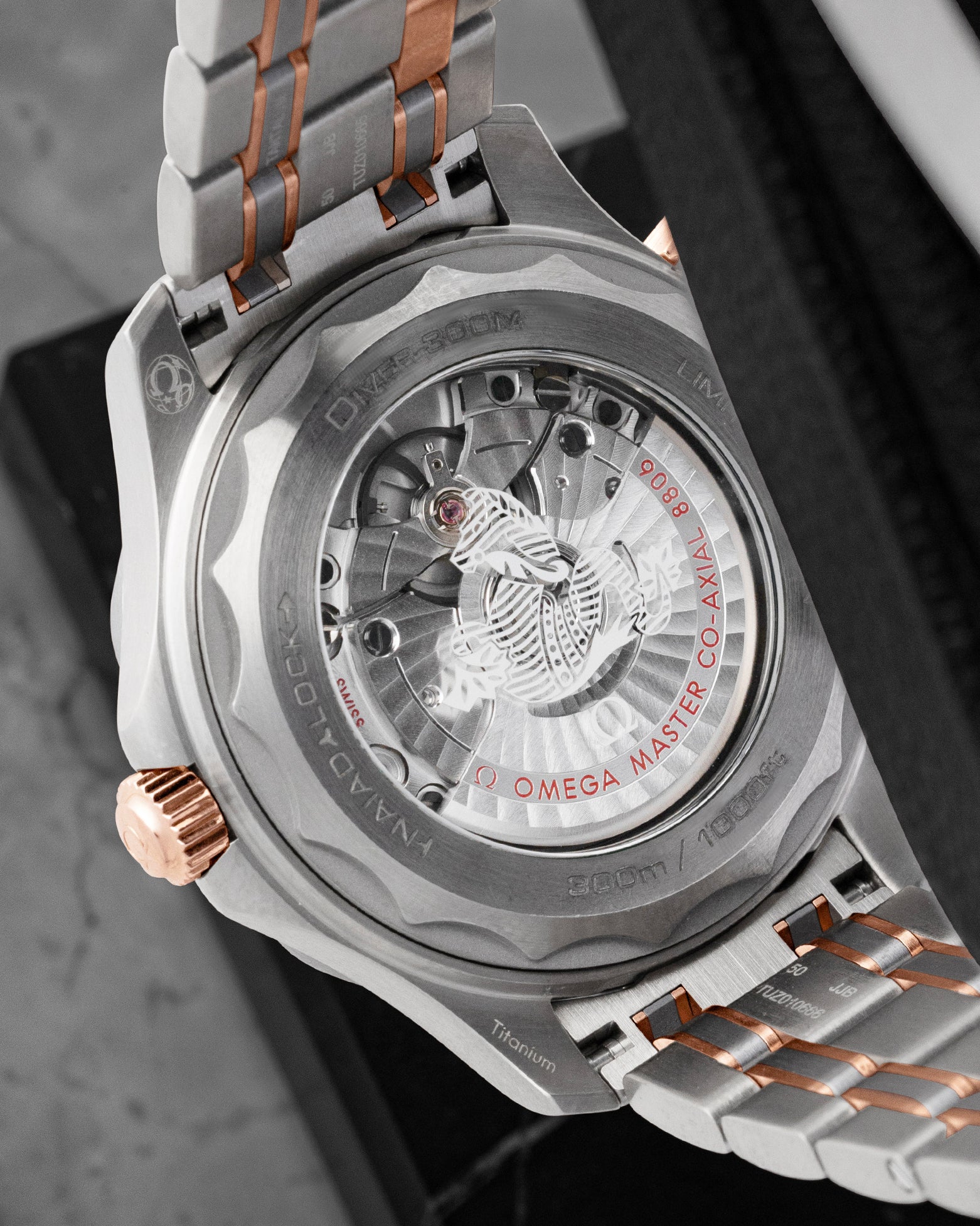 Exhibition sapphire caseback showcasing the Omega Co-Axial Master Chronometer Calibre 8806 movement
