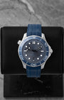 Pre-owned 2025 Omega Seamaster Diver 300M 210.32.42.20.06.001 grey wave dial on blue rubber strap at Noah's Fine Watches Dallas