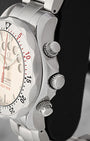 Close-up right profile view of the watch head highlighting the heavy-duty fluted screw-down crown flanked by two oversized knurled chronograph pushers engineered for marine operations