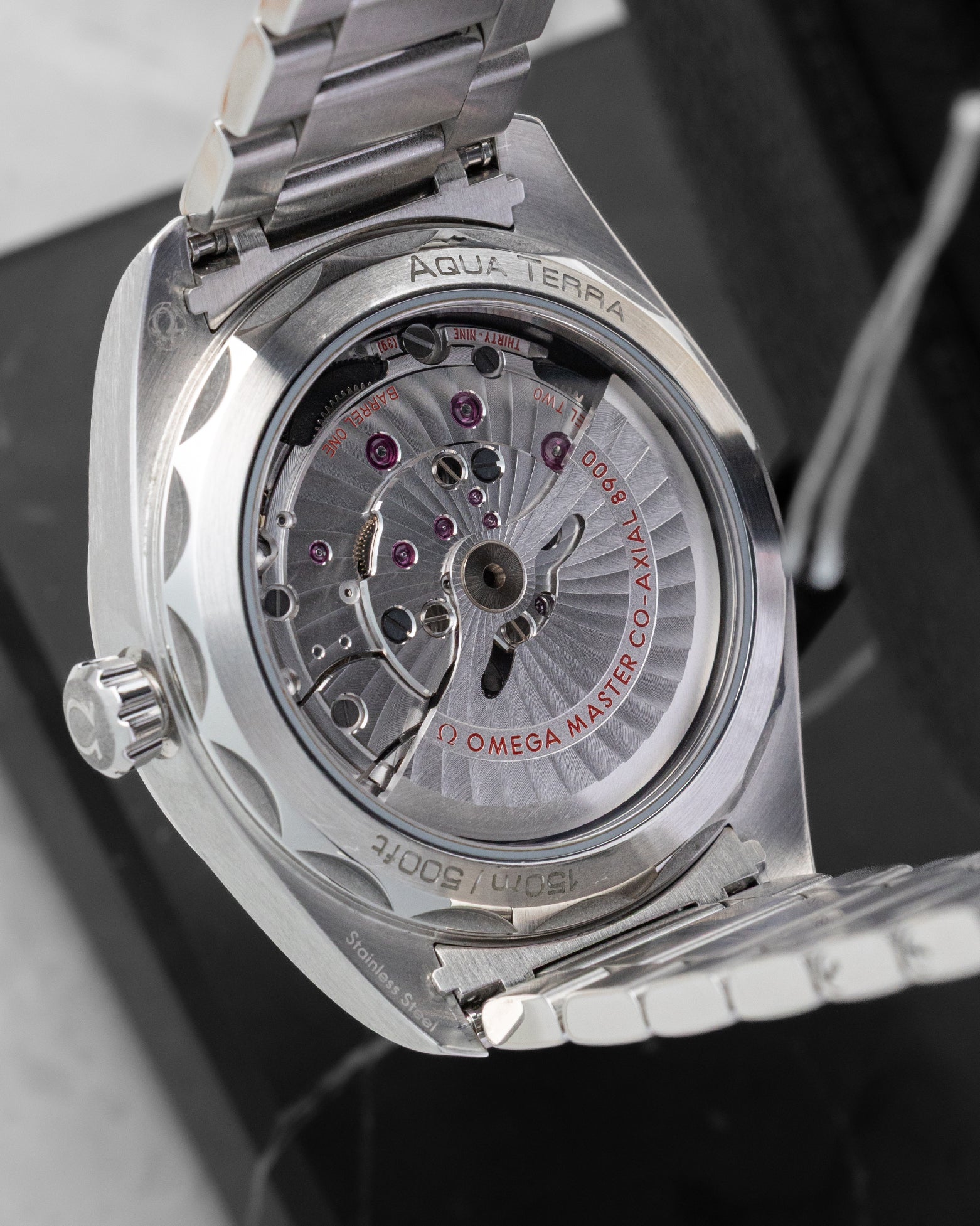 Sapphire crystal exhibition caseback displaying the Omega Co-Axial Master Chronometer Calibre 8900 automatic movement.