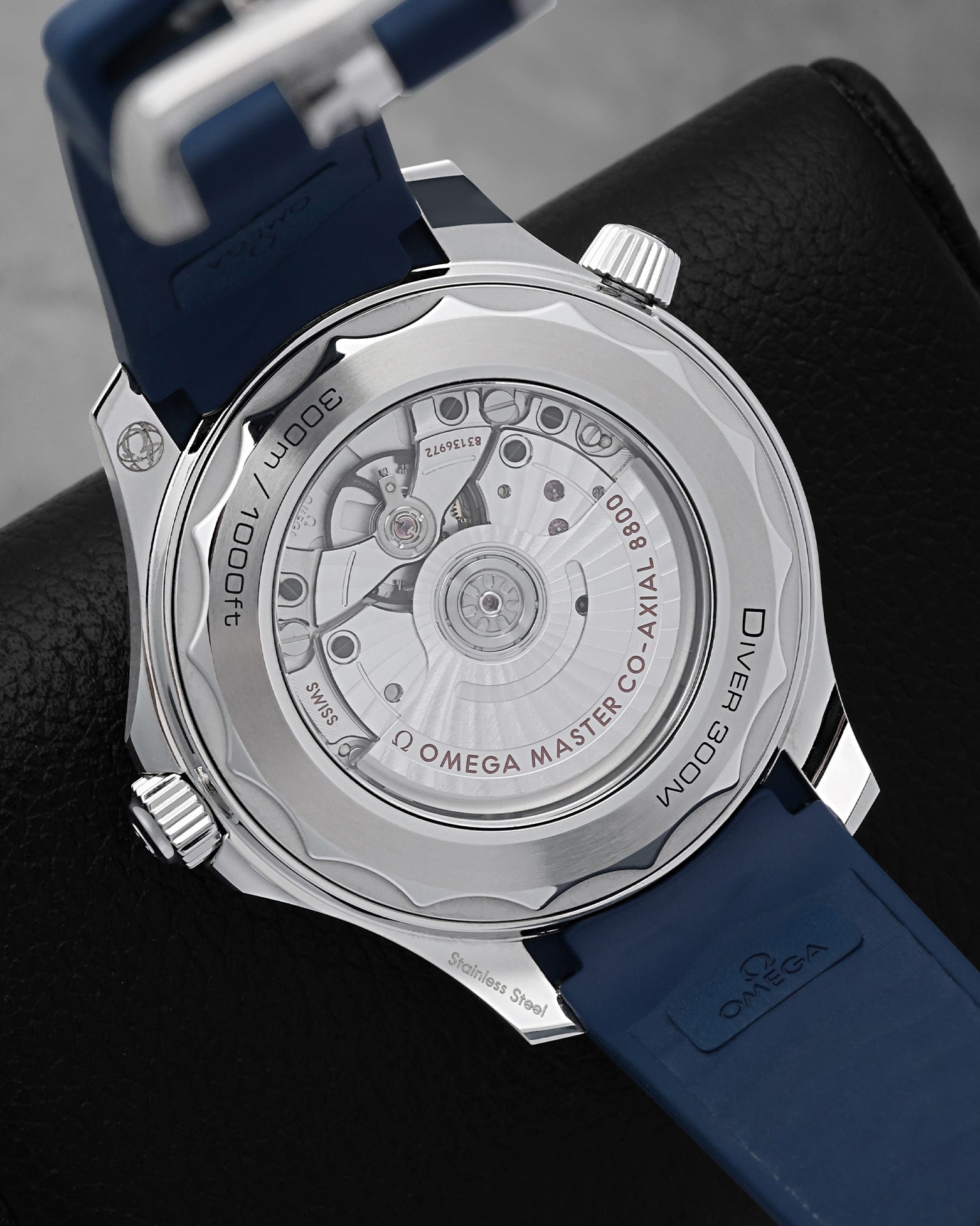 Open sapphire crystal exhibition caseback displaying the Omega Co-Axial Master Chronometer Calibre 8800 automatic movement