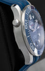 Left side profile view highlighting the conical helium escape valve at 10 o'clock on the 2024 Omega Seamaster Diver 300M.