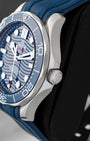 Right side view of the 2022 Omega Seamaster Diver 300M stainless steel case, crown guards, and blue ceramic bezel ring.