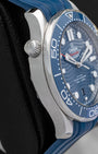 Left side profile view highlighting the conical helium escape valve at 10 o'clock on the 2022 Omega Seamaster Diver 300M.