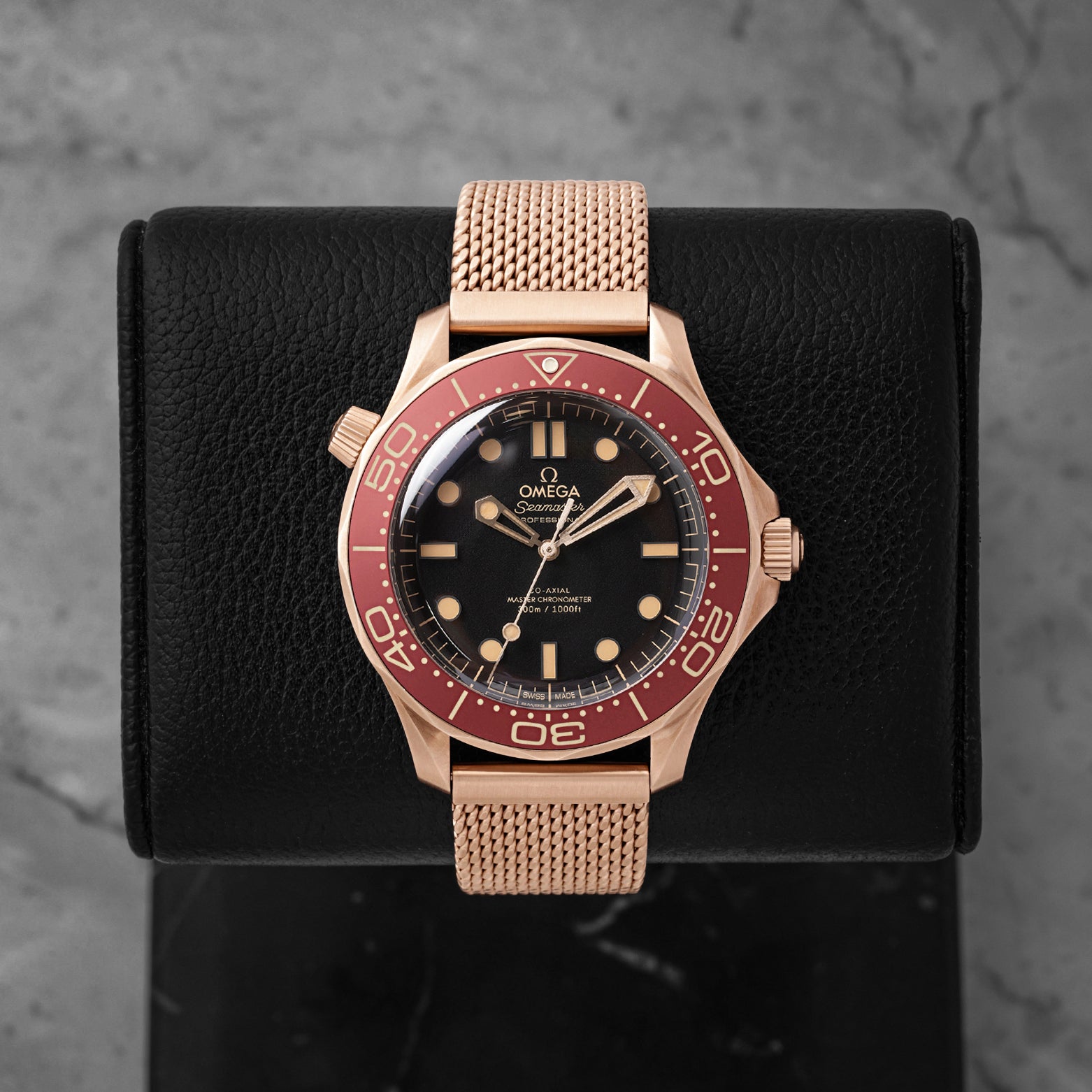 Omega Seamaster Diver 300M Bronze Gold 210.90.42.20.01.003 front view on display stand at Noah's Fine Watches & Jewelry Dallas