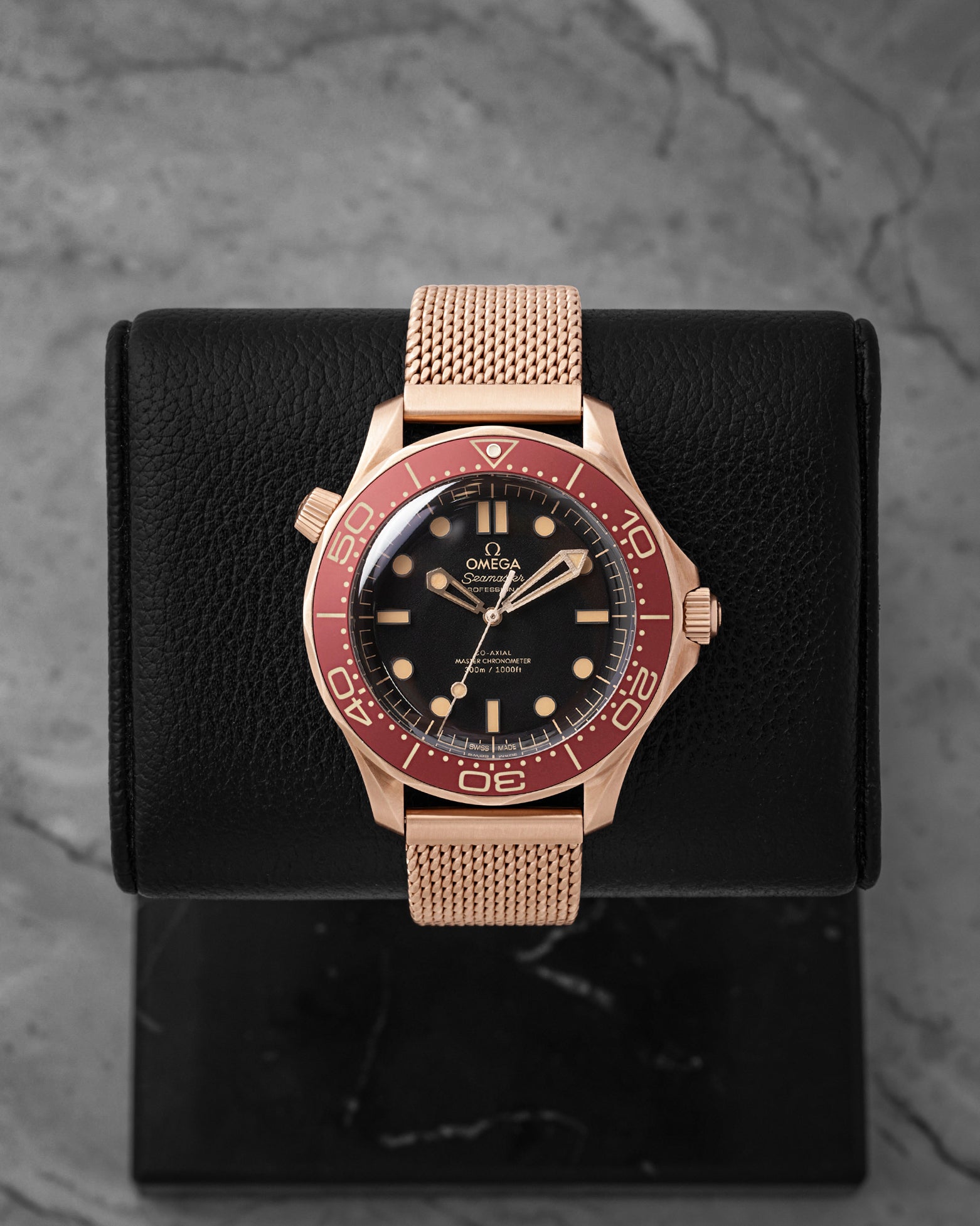 Omega Seamaster Diver 300M Bronze Gold 210.90.42.20.01.003 front view on display stand at Noah's Fine Watches & Jewelry Dallas