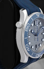 Left side profile view showcasing the iconic conical helium escape valve on a 42mm Omega Seamaster Diver 300M watch