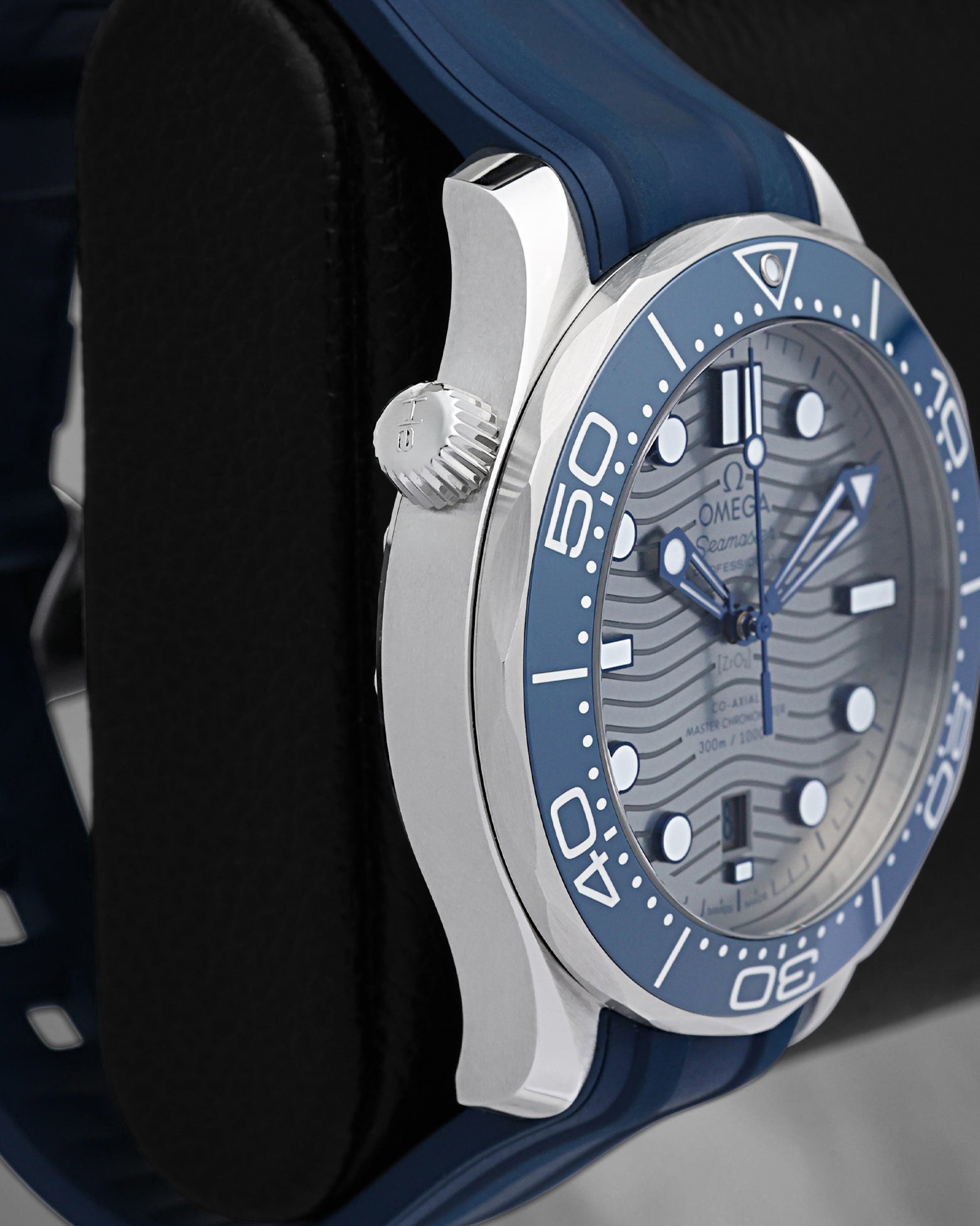 Left side profile view showcasing the iconic conical helium escape valve on a 42mm Omega Seamaster Diver 300M watch