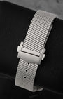 Rear view of the innovative Grade 2 titanium mesh Milanese bracelet secured by an adjustable folding deployant clasp