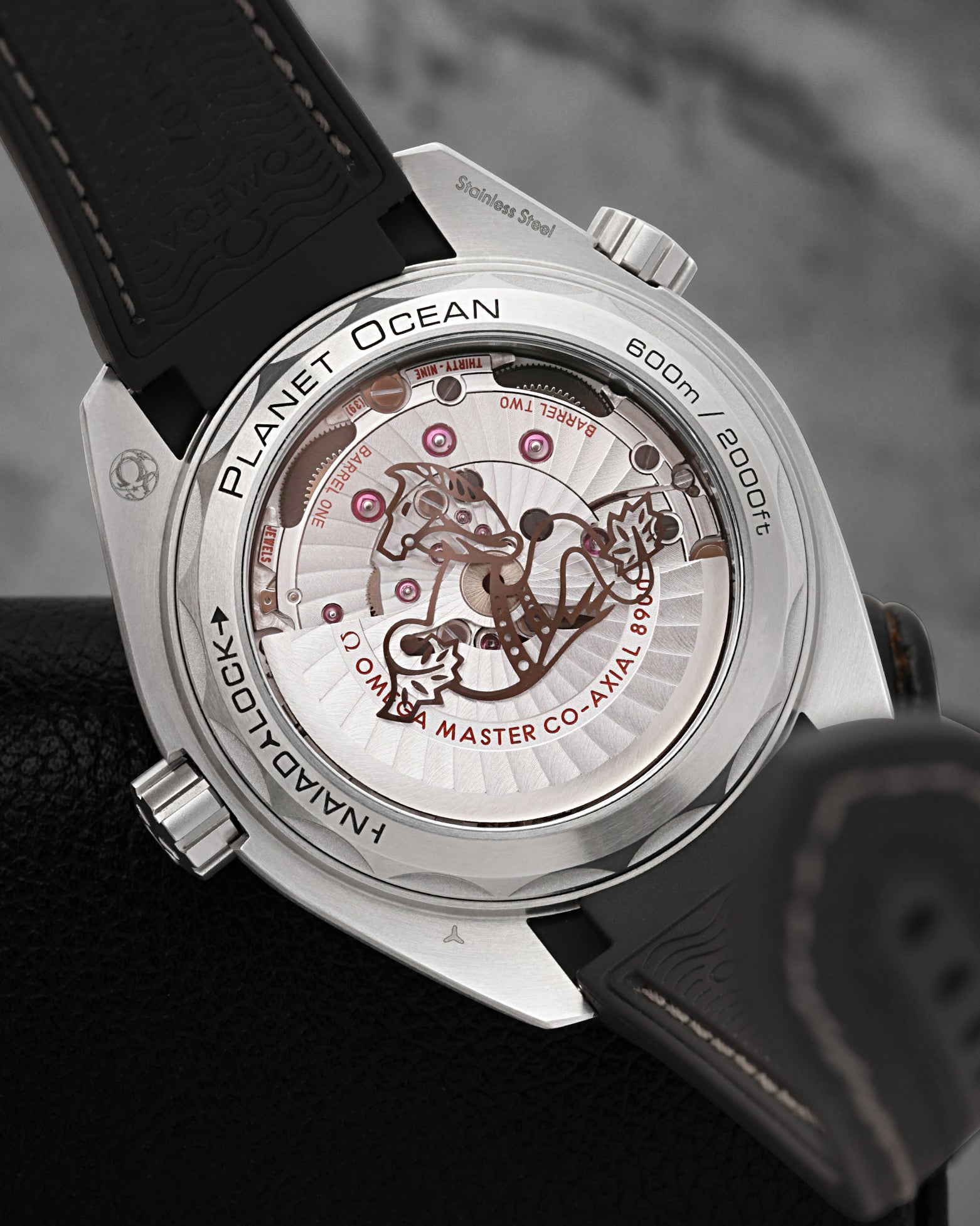 Sapphire crystal caseback revealing the Omega Co-Axial Master Chronometer Calibre 8900 movement