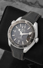 Angled view of Omega Seamaster Planet Ocean 600M with gunmetal grey dial and black ceramic bezel