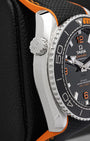 Side profile showing the 10 o'clock helium escape valve on an Omega Seamaster Planet Ocean 600M steel case