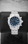 Omega Seamaster Professional 300M Chronograph 2598.80.00 with a blue wave dial and steel bezel mounted on a black display stand
