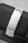 Rear studio view of the iconic 9-row stainless steel Seamaster link bracelet and brushed folding diver's clasp with extension