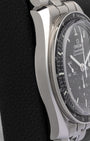 Polished and brushed 42mm stainless steel asymmetrical case side profile of Omega Speedmaster Moonwatch Professional