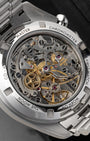 Sapphire display case back showing the manual-wind Co-Axial Master Chronometer Calibre 3861 movement on Omega Speedmaster Reverse Panda
