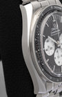 Polished and brushed 42mm stainless steel case side profile of pre-owned Omega Speedmaster Moonwatch Professional Reverse Panda