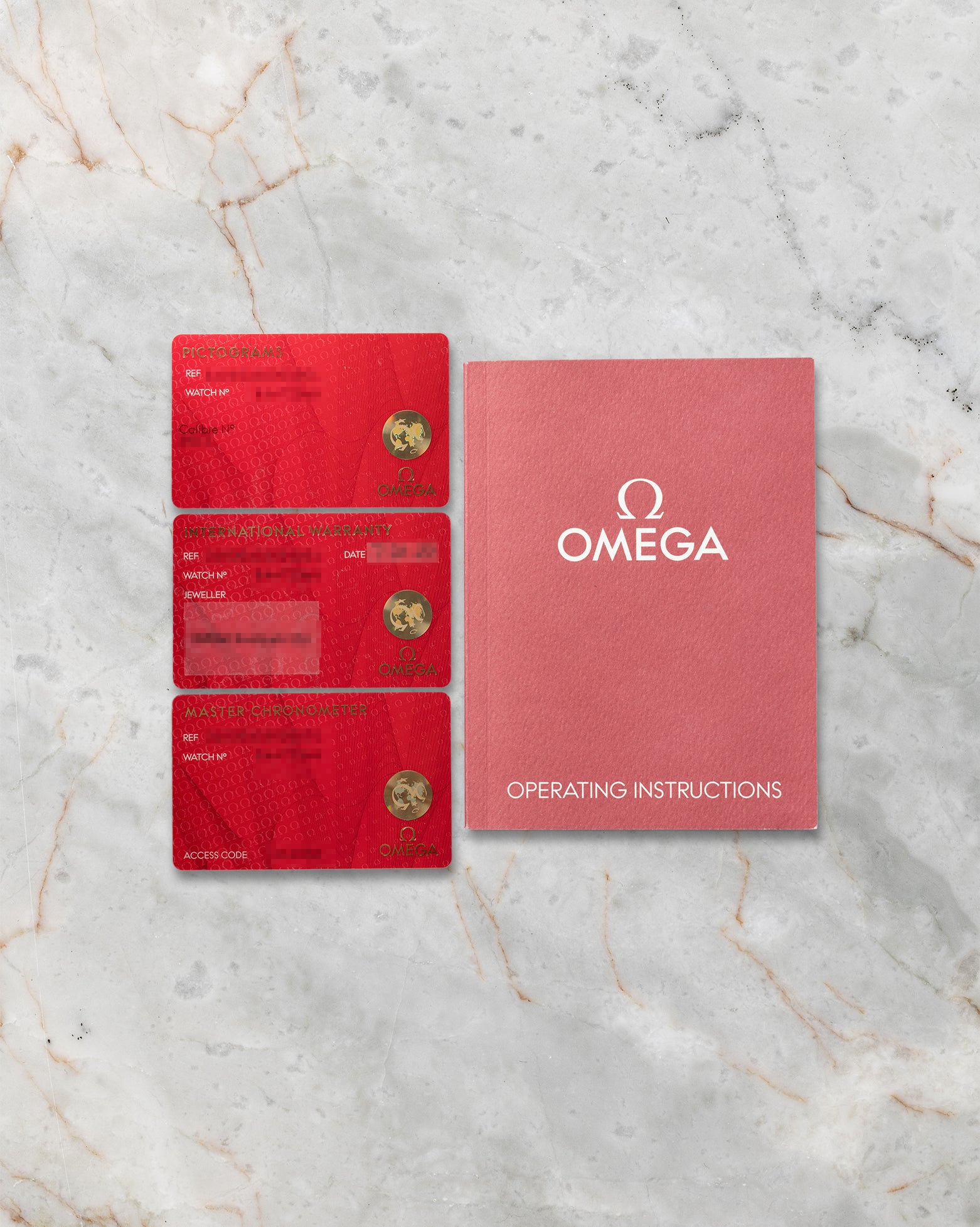 2024 Omega Master Chronometer warranty cards, pictogram card, and user manual for reference 310.30.42.50.01.001