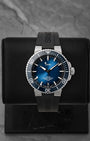 Front portrait of a pre-owned Oris Aquis Date Calibre 400 featuring a gradient blue sunray dial and black rubber strap, available at Noahs Fine Watches and Jewelry Dallas